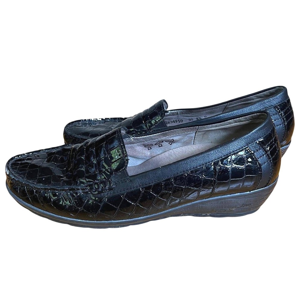 Waldlaufer Black Patent Croc Loafers Size 38 Wedge Slip On Comfort Shoes Wide H
